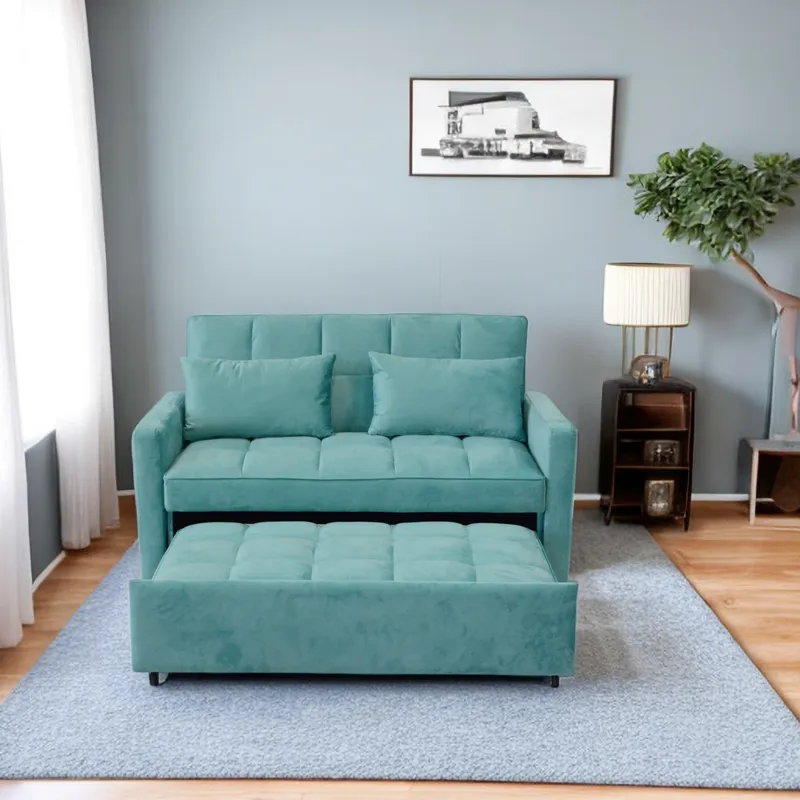 Velvet Two Seater Pull Out Sofa Bed, Adjustable Backrest With Three USB Ports, Two Side Pockets, 3 I