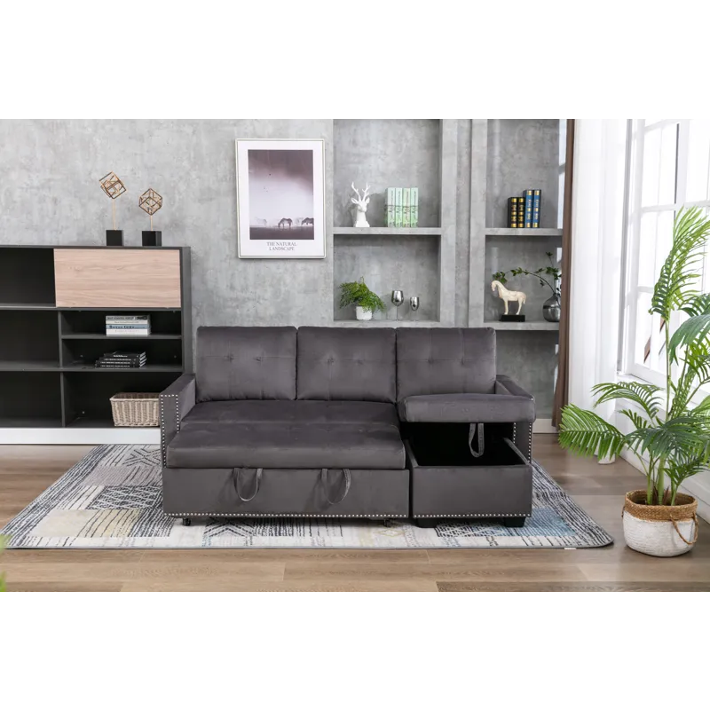 Reversible Sectional Storage Sleeper Sofa Bed, L-Shape 2 Seat Sectional Chaise With Storage, Skin-Fe