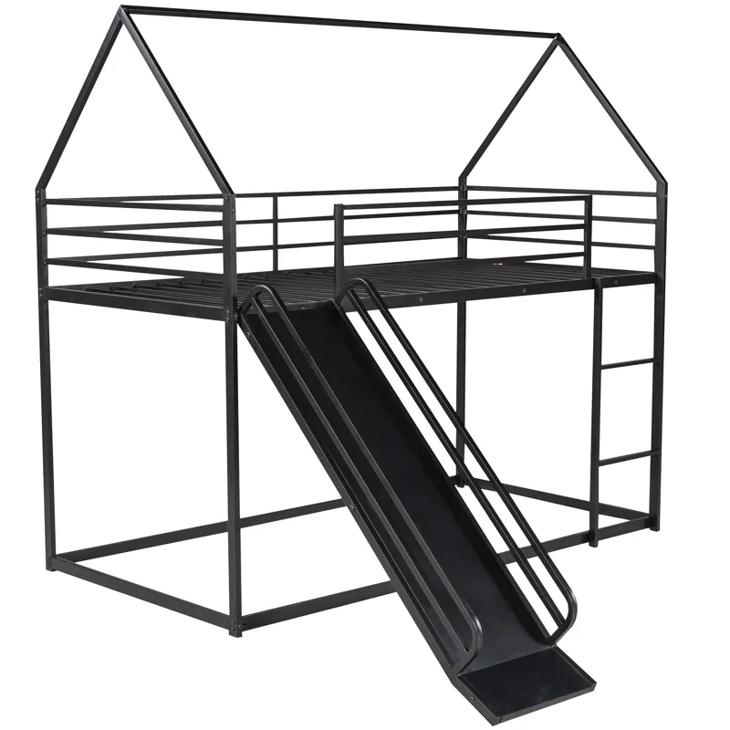 Twin Over Twin House Bunk Bed With Ladder And Slide - Black