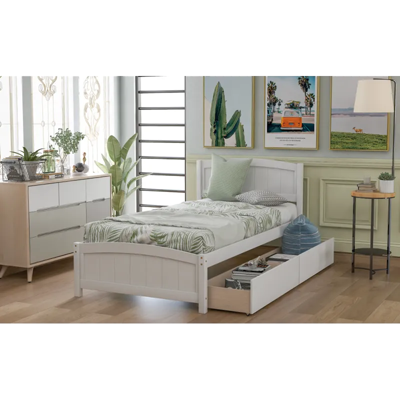 Twin Size Platform Bed & Two Drawers - White