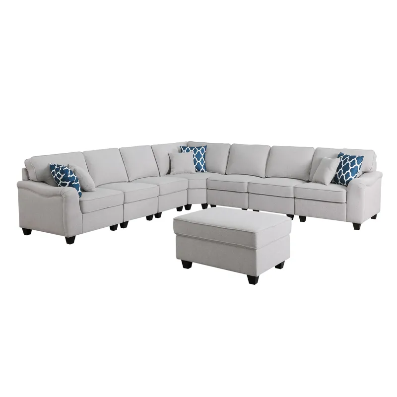 Leo - 8 Piece Modular L-Shape Sectional Sofa And Ottoman - Light Gray Linen