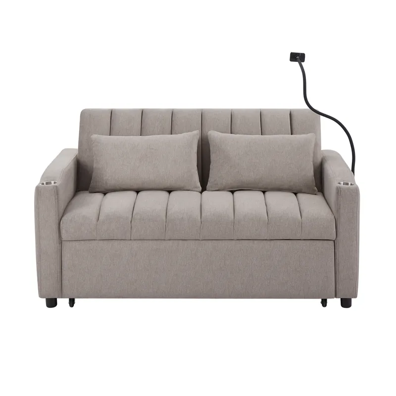 Convertible Sofa Bed Loveseat Sofa With Three USB Ports, Two Side Pockets, Two Cup Holders And 360° 