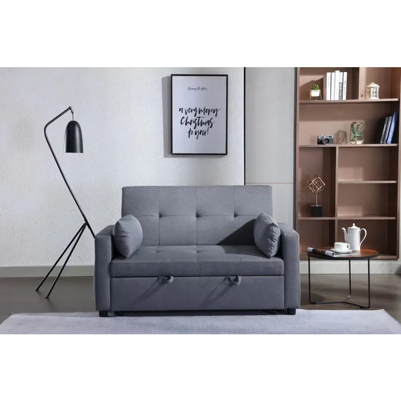 2 Seaters Slepper Sofa Bed Linen Fabric 3-In-1 Convertible Sleeper Loveseat With Side Pocket - Dark 