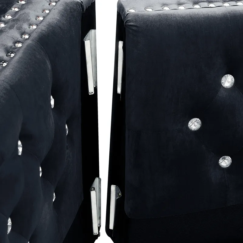 Wide Sofa With Jeweled Buttons Square Arm, 2 Pillows - Black