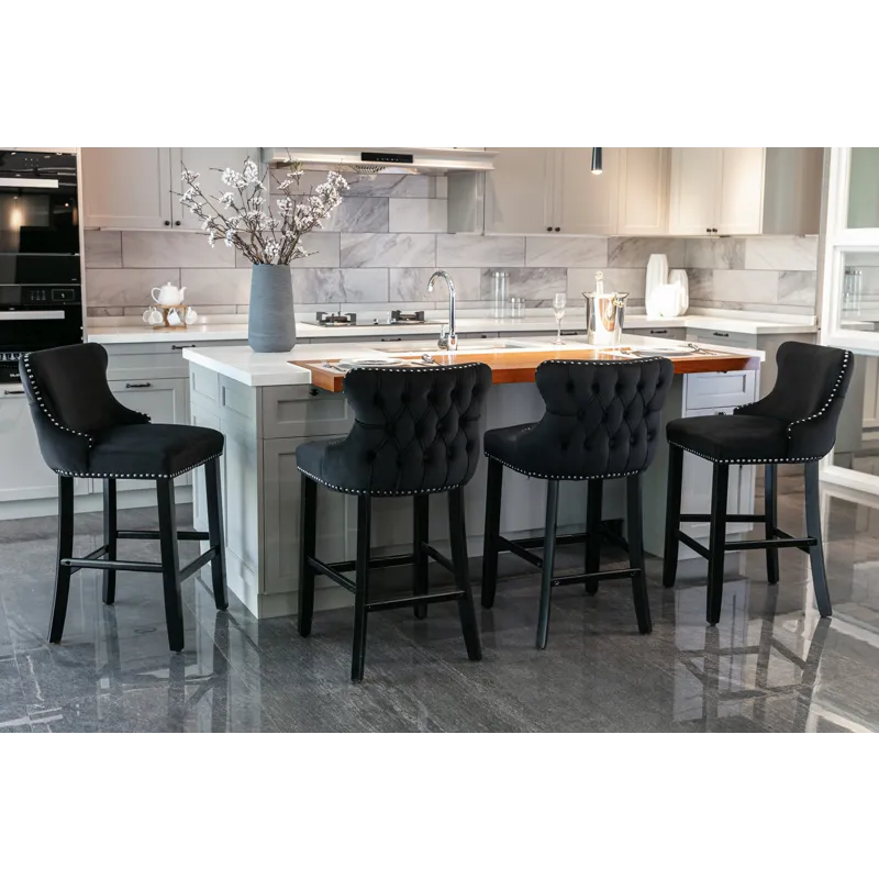Contemporary Velvet Upholstered Wing-Back Barstools With Button Tufted Decoration And Wooden Legs, A