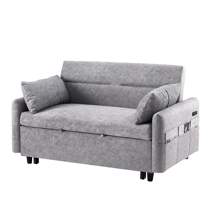 Pull Out Sleep Sofa Bed Loveseats Sofa Couch With Adjsutable Backrest, Storage Pockets, 2 Soft Pillo