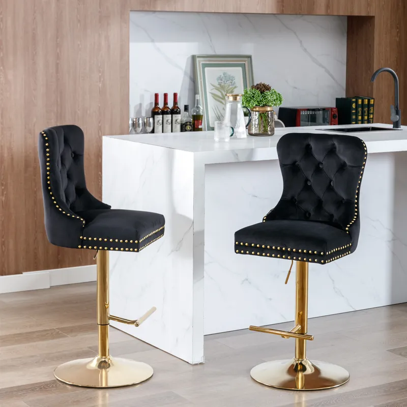Thick Golden Swivel Velvet Barstools Adjusatble Seat Height From 27-35\", Modern Upholstered Bar Sto