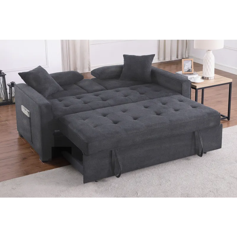 Cody II - 69.5\"W Dark Gray Linen Convertible Sleeper Loveseat With Cup Holder, Charging Ports and P
