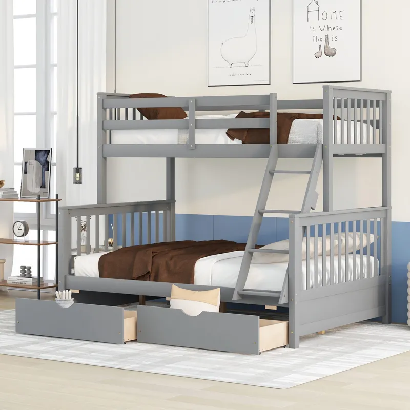 Twin Over Full Bunk Bed With Ladders And Two Storage Drawers - Gray
