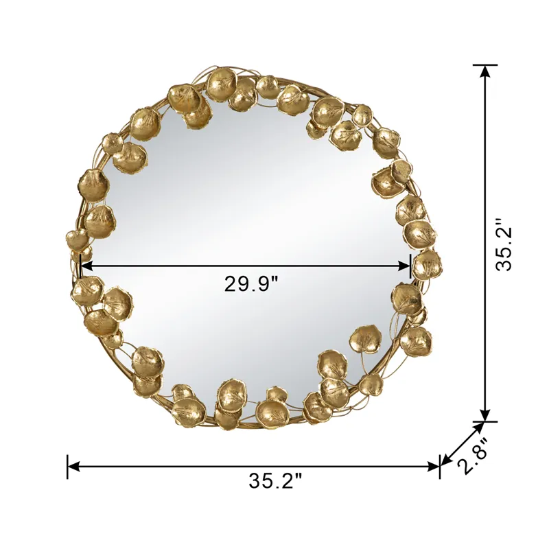 Round Metal Wall Mirror With Leaf Accents, Modern Decor Mirror For Living Room Entryway Hallway - Go