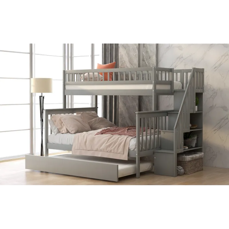Twin Over Full Bunk Bed With Trundle And Staircase - Gray