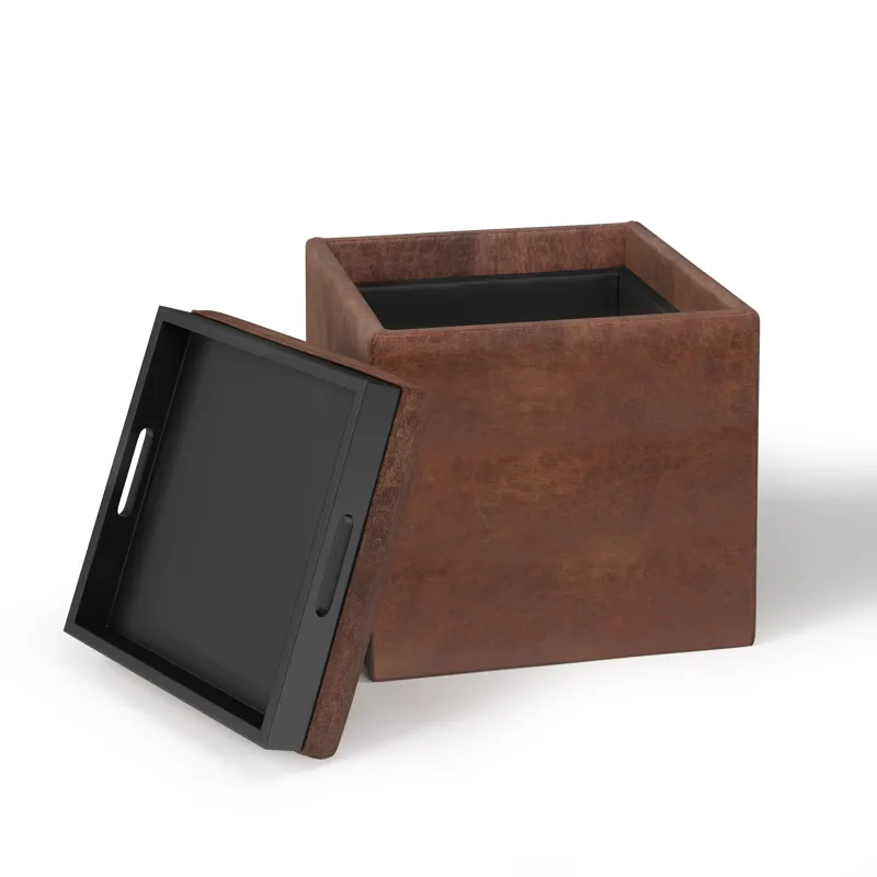 Rockwood - Cube Storage Ottoman with Tray - Distressed Saddle Brown
