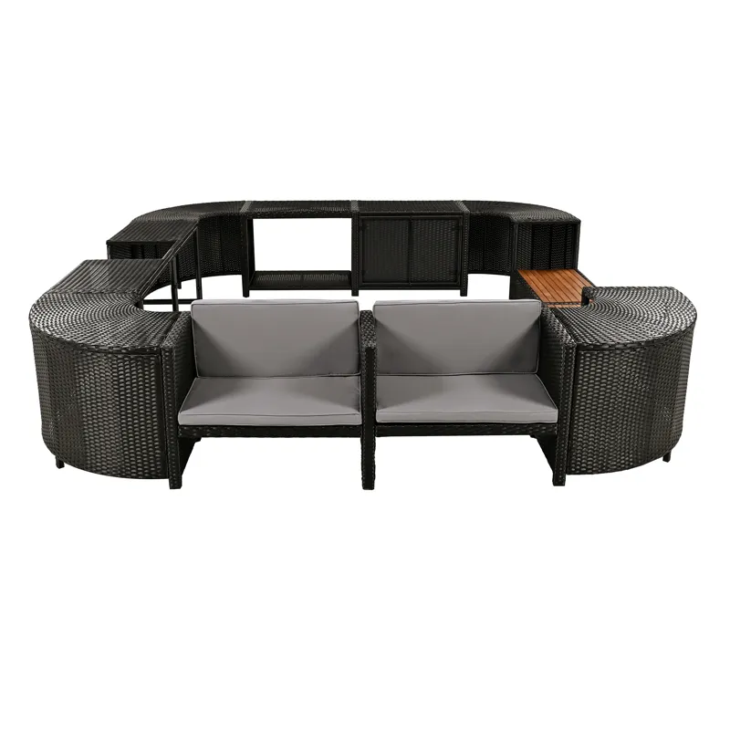 Spa Surround Spa Frame Quadrilateral Outdoor Rattan Sectional Sofa Set With Mini Sofa, Wooden Seats 