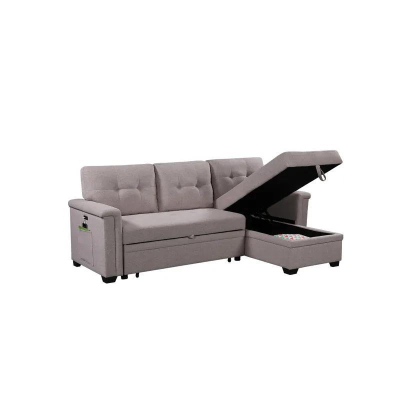 Nathan - Reversible Sleeper Sectional Sofa With Storage Chaise, USB Charging Ports And Pocket - Ligh
