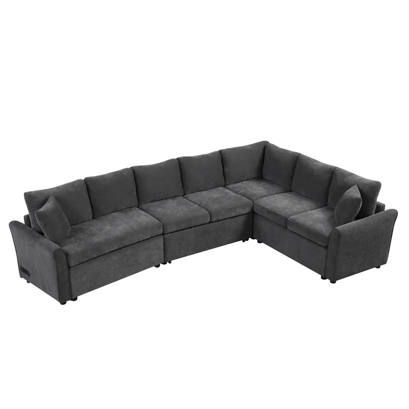 L-Shaped Sofa Convertible Sofa Bed Pull Out Sofa Sleeper With Two Back Pillows, Two USB Ports And Tw