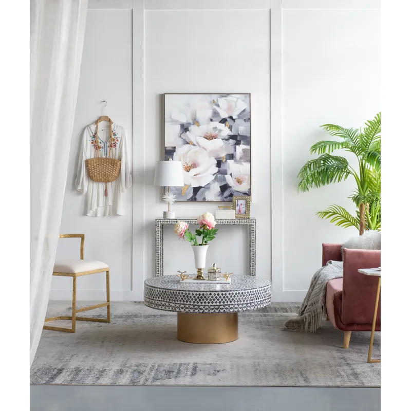 Unique Capiz Coffee Table With Pedestal Base - Gray / Ivory / Gold