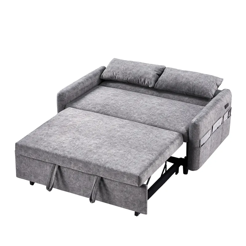 Pull Out Sleep Sofa Bed Loveseats Sofa Couch With Adjsutable Backrest, Storage Pockets, 2 Soft Pillo