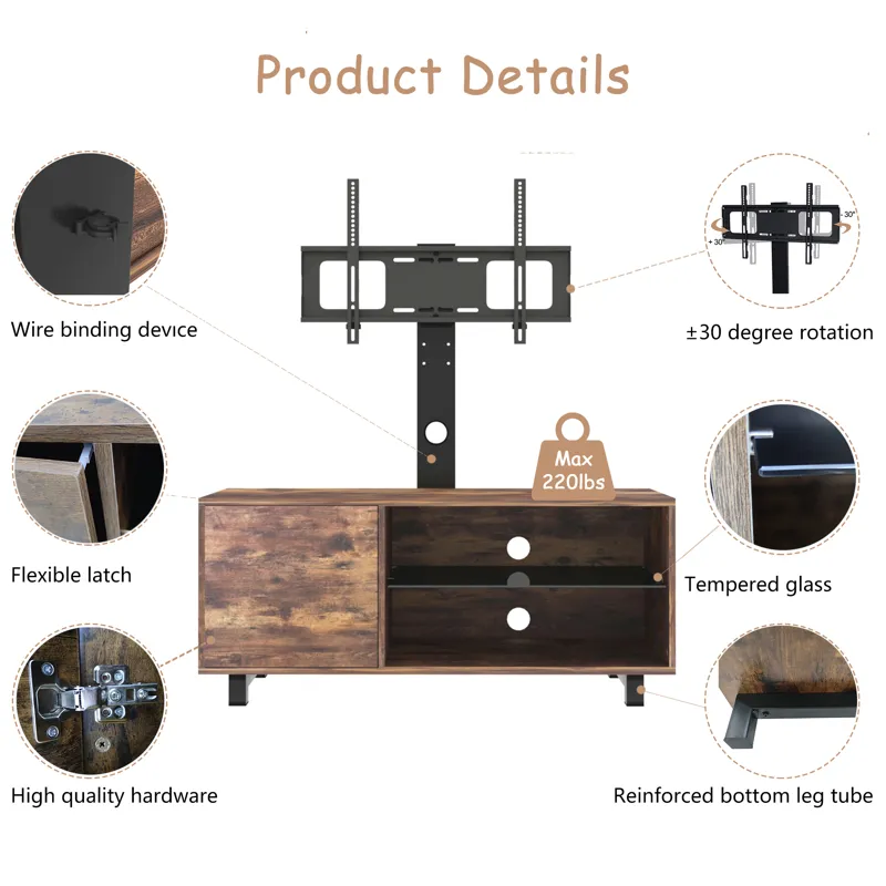 Rustic Brown TV Console With Push-To-Open Storage Cabinet For TV, Wood & Glass TV Stand For Living R