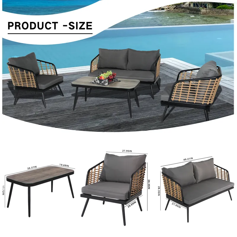 4 Pieces Patio Furniture Set, PE Rattan Wicker With Washable Cushion And Tempered Glass Tabletop, Co