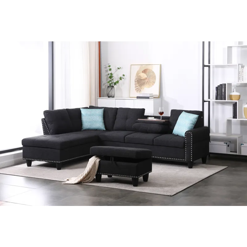 Alger - 98" Wide Left Hand Facing Sofa & Chaise With Ottoman - Charcoal Grey