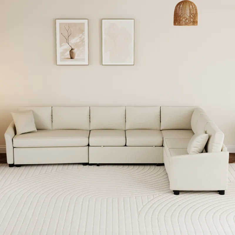 L-Shaped Sofa Convertible Sofa Bed Pull Out Sofa Sleeper With Two Back Pillows, Two USB Ports And Tw