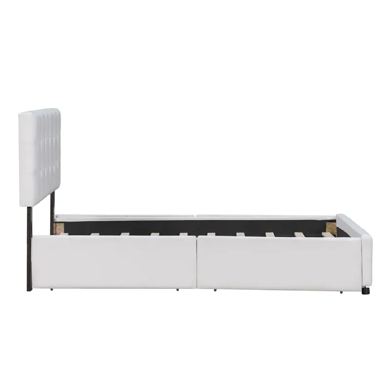 Queen Size Upholstered Platform Bed With Classic Headboard And 4 Drawers, No Box Spring Needed - Whi