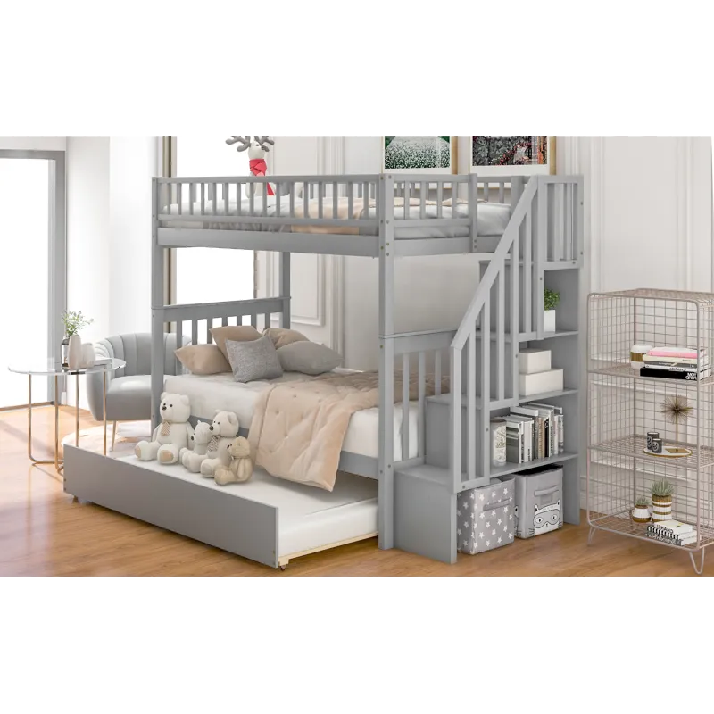 Twin Over Twin Bunk Bed With Trundle And Storage - Gray
