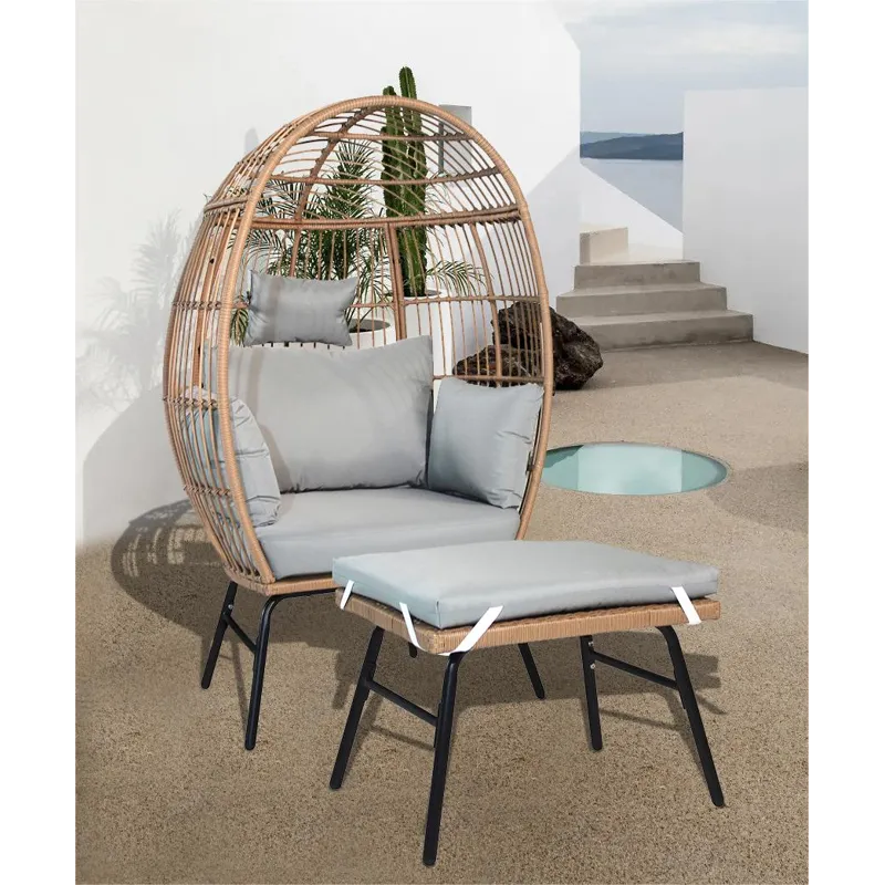 Outdoor Garden Wicker Egg Chair And Footstool Patio Chaise, With Cushions, Outdoor Indoor Basket Cha