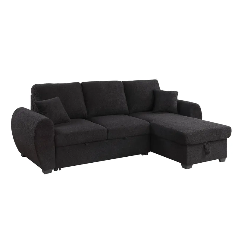 Veronica - Teddy Fleece Reversible Sleeper Sectional Sofa With Storage Chaise - Black