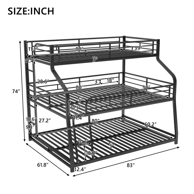 Twin Long / Full Long / Queen Triple Bunk Bed With Long And Short Ladder And Full-Length Guardrails 