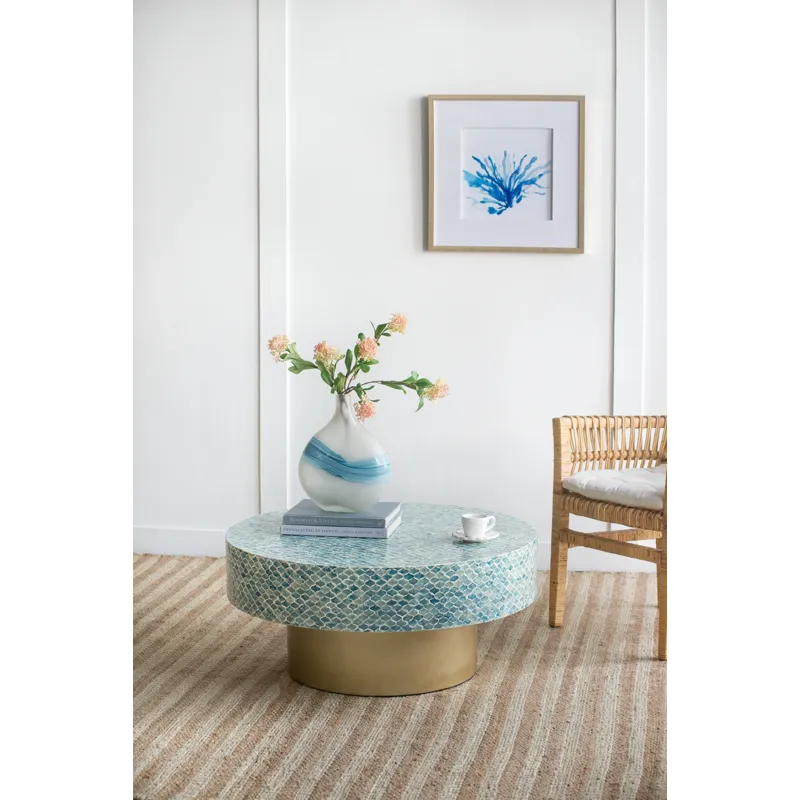 Unique Hyperion Capiz Inlay Drum Coffee Table With Gold Pedestal Base - Multi