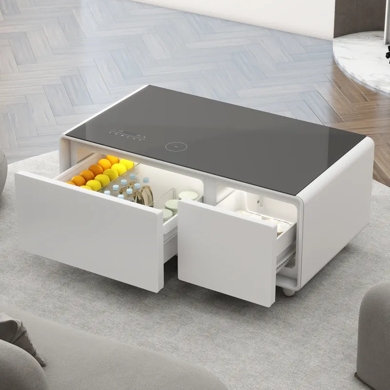 Modern Smart Coffee Table With Built-In Fridge, Bluetooth Speaker, Wireless Charging, Touch Control 