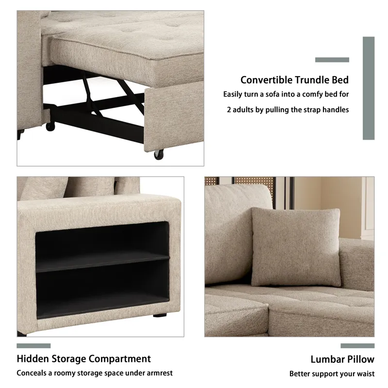 Modern L-Shape 3 Seat Reversible Sectional Couch, Pull Out Sleeper Sofa With Storage Chaise And 2 St