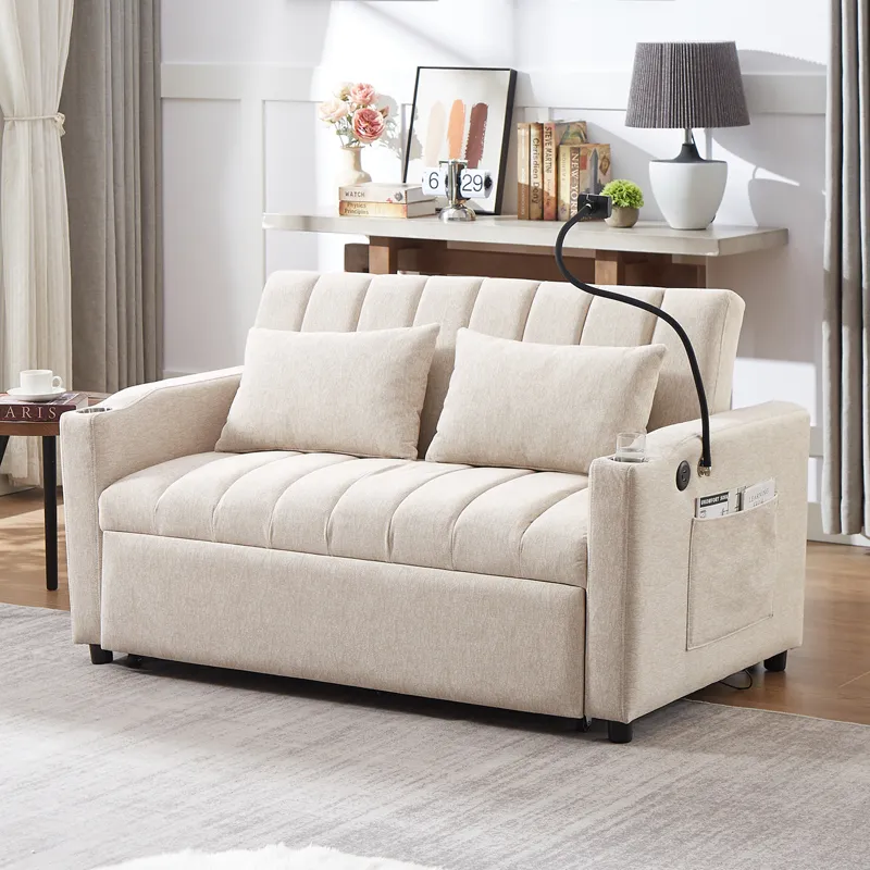 Convertible Sofa Bed Loveseat Sofa With Three USB Ports, Two Side Pockets, Two Cup Holders And 360° 