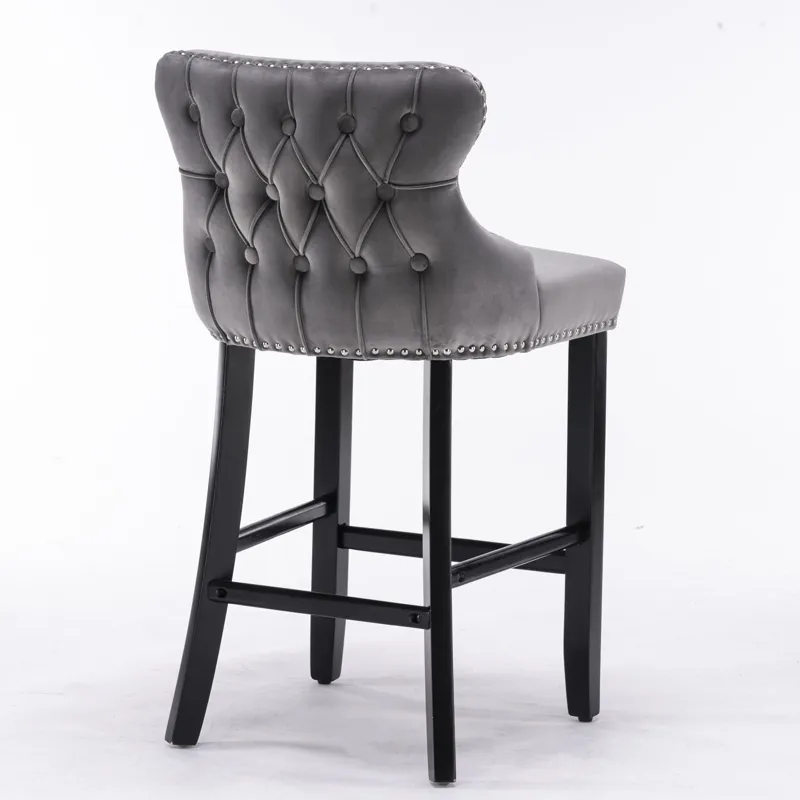 Contemporary Velvet Upholstered Wing-Back Barstools With Button Tufted Decoration And Wooden Legs, A
