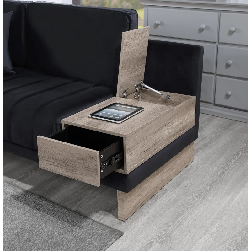 Memphis - 122.5\"W Black Velvet Reversible Sectional Sofa Ottoman With Storage Compartment, Drawer, 
