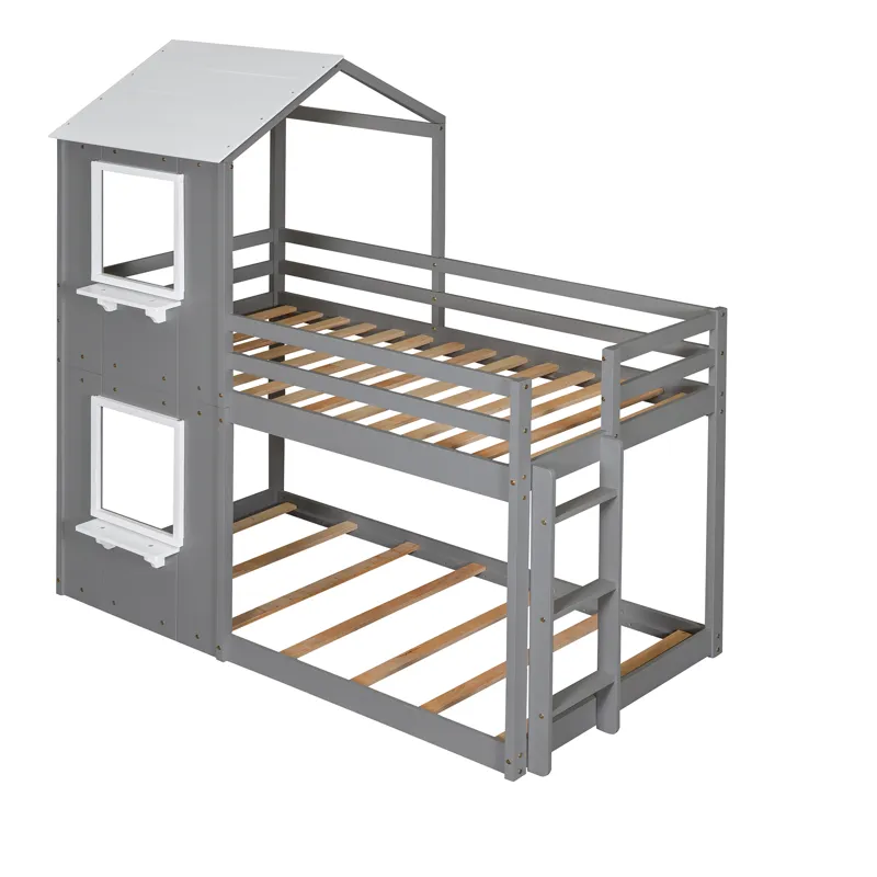 Twin Over Twin Bunk Bed Wood Bed With Roof, Window, Guardrail, Ladder - White
