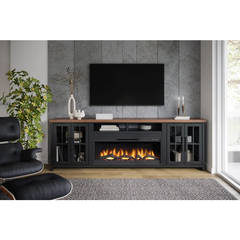 Bridgevine Home - Essex 97\" Fireplace TV Stand Console - Black and Whiskey Finish