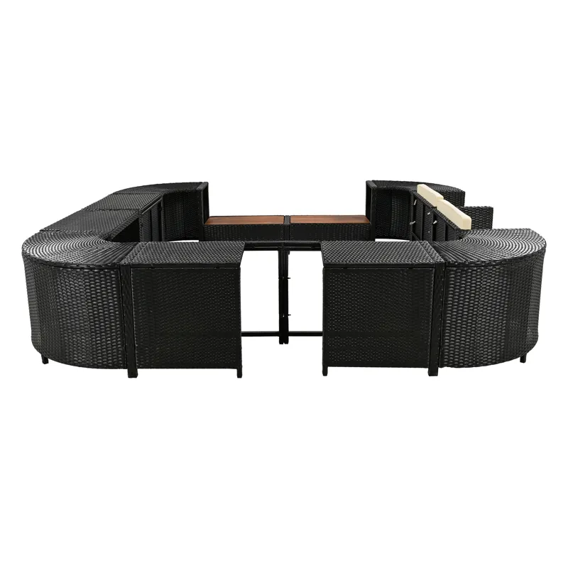 Spa Surround Spa Frame Quadrilateral Outdoor Rattan Sectional Sofa Set With Mini Sofa, Wooden Seats 