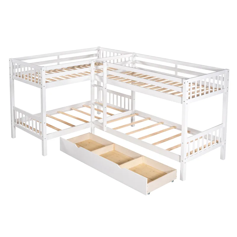 Twin L Shaped Bunk Bed With Drawers - Gray