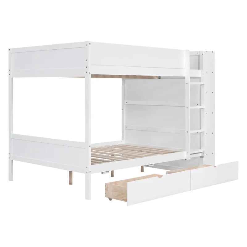 Full Over Full Bunk Bed With 2 Drawers And Multi - Layer Cabinet - White