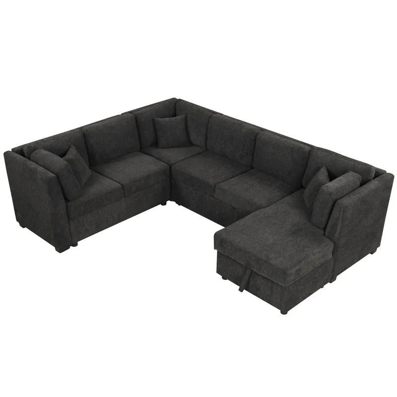U-Shaped Sectional Sofa Pull Out Sofa Bed With Two USB Ports, Two Power Sockets, Three Back Pillows 