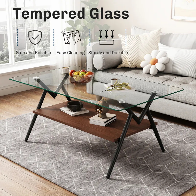 Rectangle Coffee Table With Tempered Glass Top And Metal Legs, Modern Table For Living Room, Transpa
