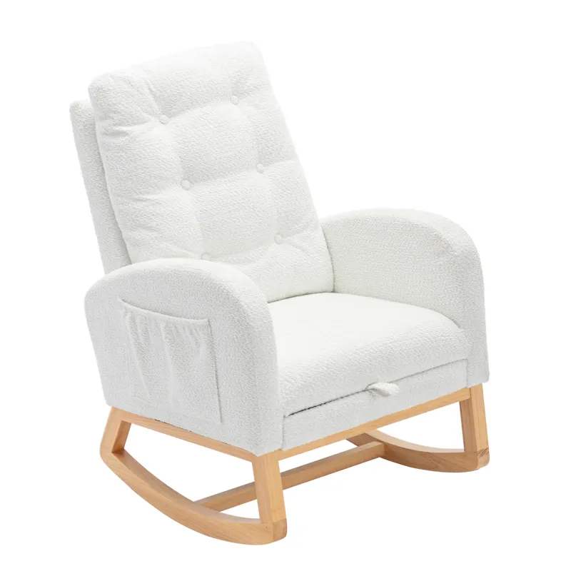 Accent Rocking Chair With Footrest High Back Rubber Wood Rocking Legs Bedroom Living Space - White