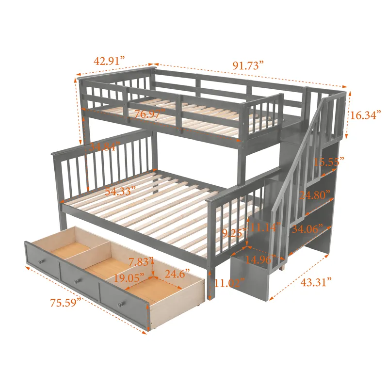 Twin Over Full Stairway Bunk Bed With Drawer, Storage And Guard Rail For Bedroom, Dorm, For Adults -