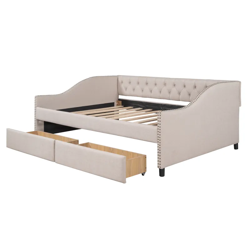 Full Size Upholstered Daybed With Two Drawers, Wood Slat Support - Beige