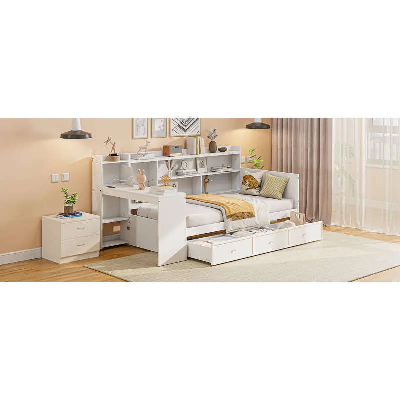 Twin Size Wooden Daybed With 3 Drawers, USB Ports And Desk - White