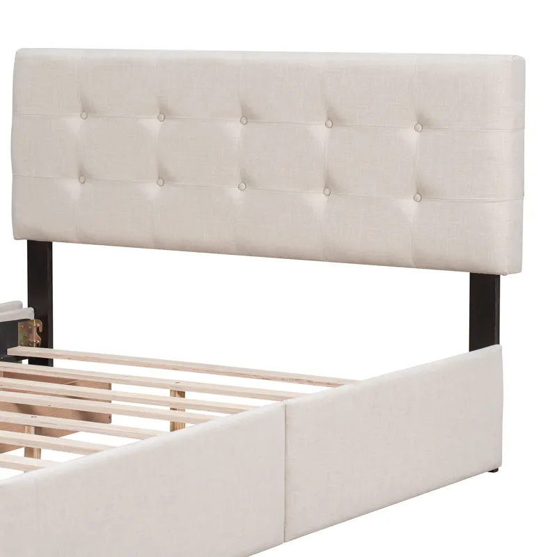 Queen Size Upholstered Platform Bed With Classic Headboard And 4 Drawers, No Box Spring Needed - Bei