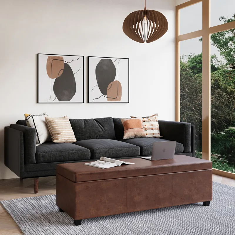 Avalon - Extra Large Storage Ottoman Bench - Distressed Saddle Brown