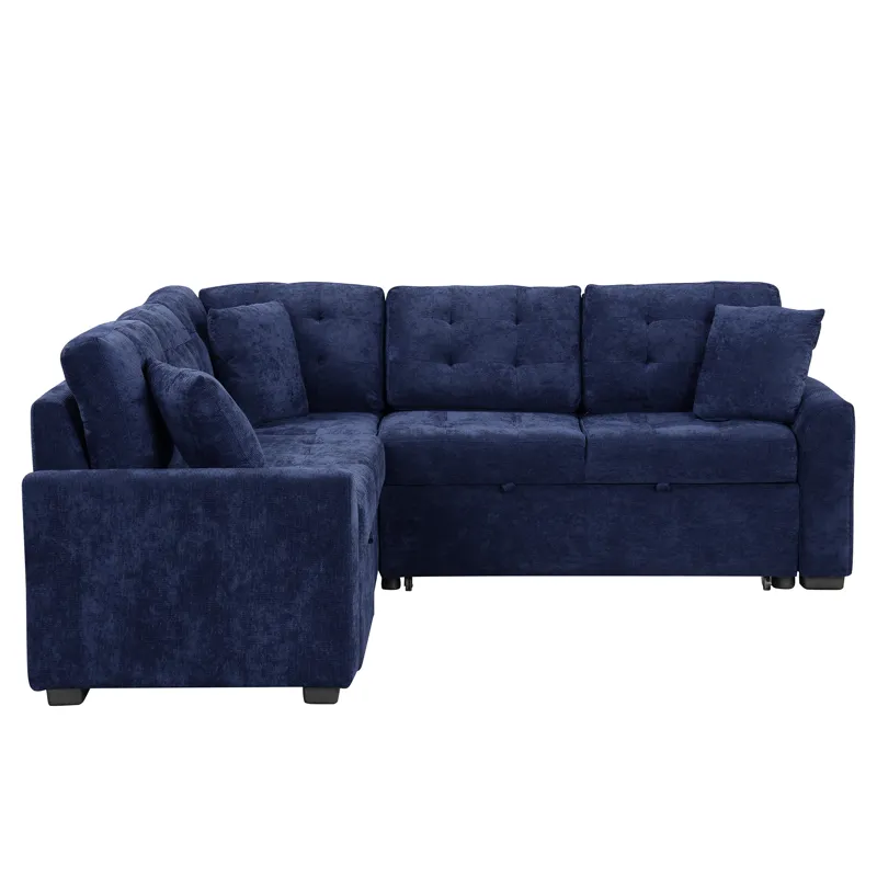 L-Shape Sofa Bed Pull-Out Sleeper Sofa With Wheels, USB Ports, Power Sockets For Living Room - Navy 